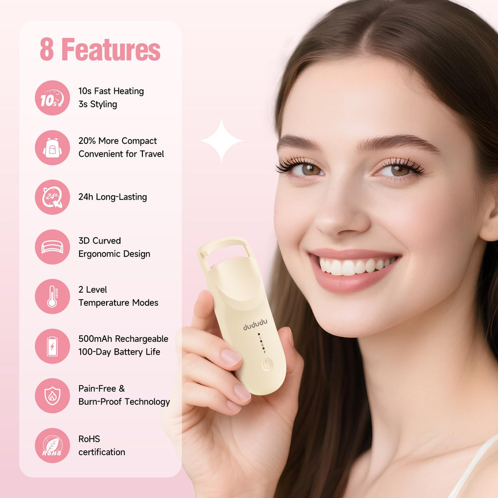 DUDUDU heated eyelash curler with heat-indicator glow confirms readiness for stylish curls.