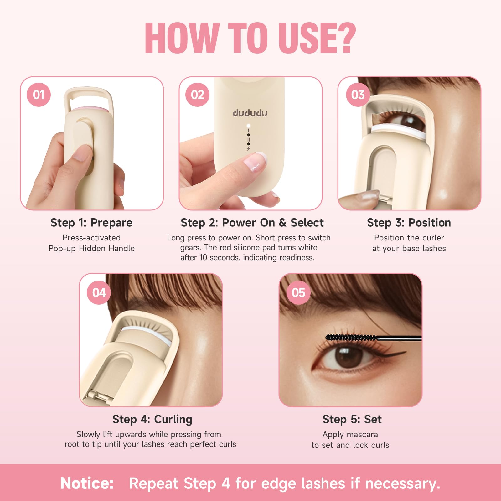 DUDUDU heated eyelash curler lifts all lash types for natural, effortless curves.