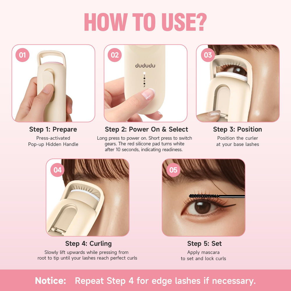 DUDUDU heated eyelash curler lifts all lash types for natural, effortless curves.