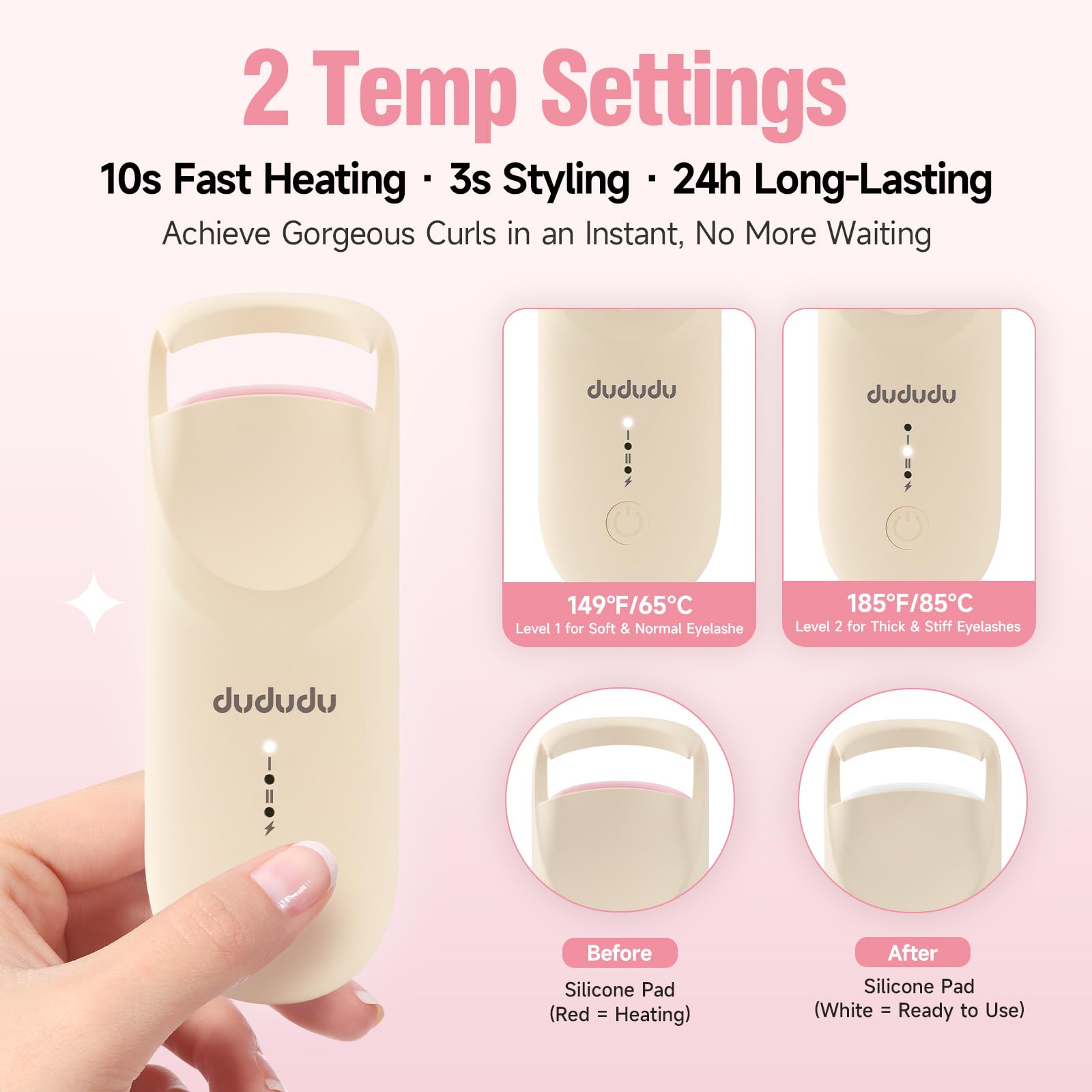 DUDUDU heated eyelash curler USB-C charge enables quick power-ups anywhere.