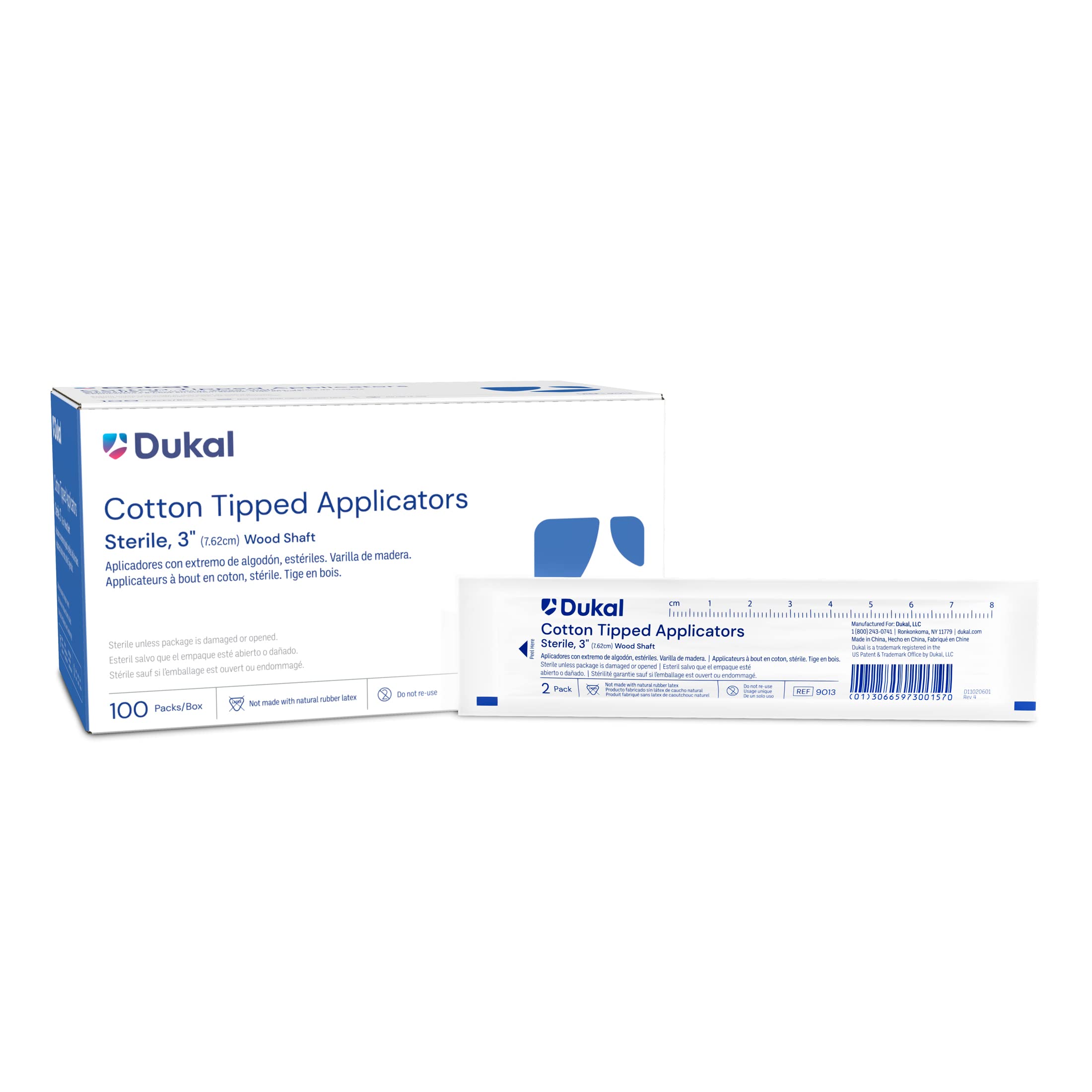 Dukal cotton-tipped applicators with wood shaft close-up showing precise ointment application.