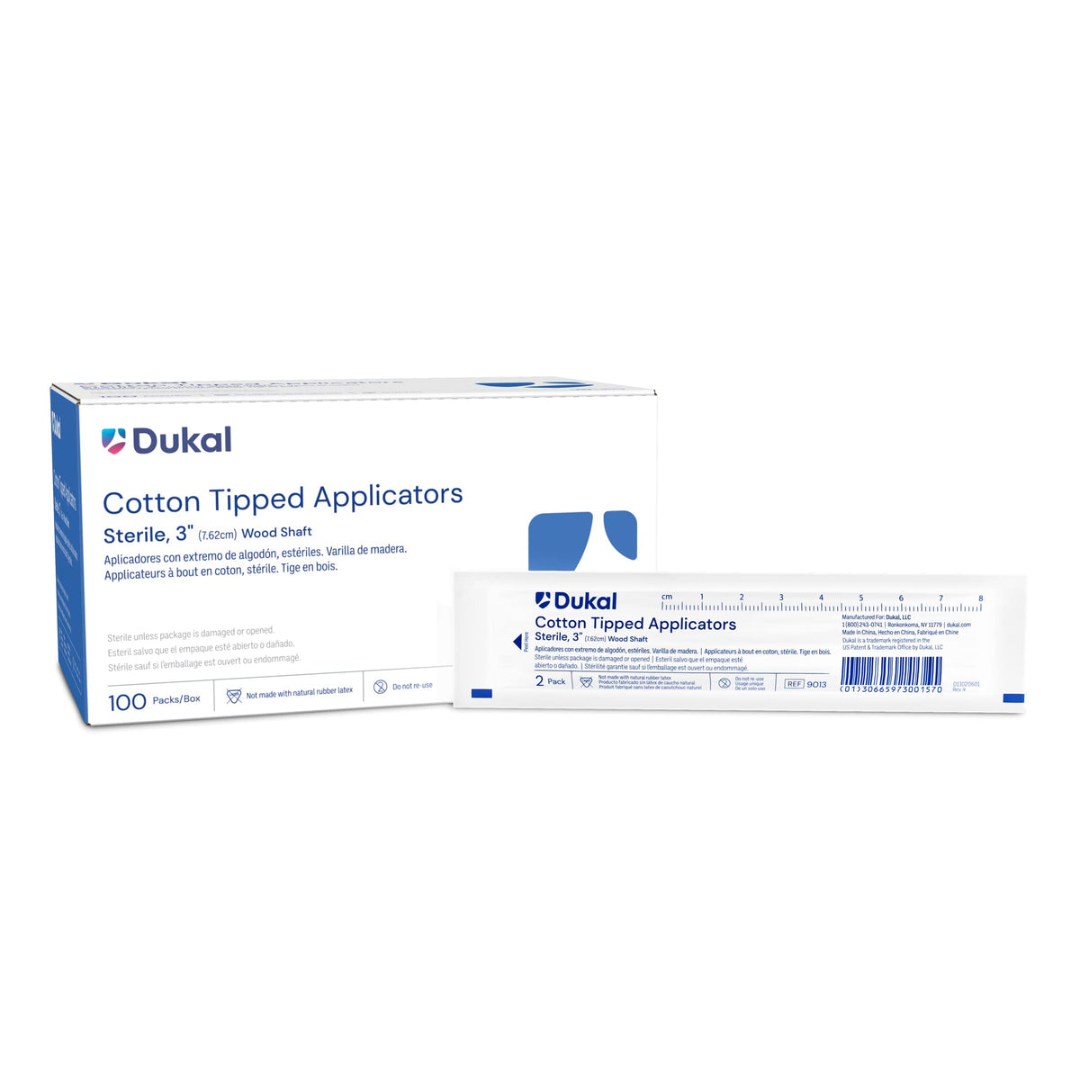 Dukal cotton-tipped applicators with wood shaft close-up showing precise ointment application.