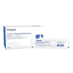 Dukal cotton-tipped applicators with wood shaft close-up showing precise ointment application.