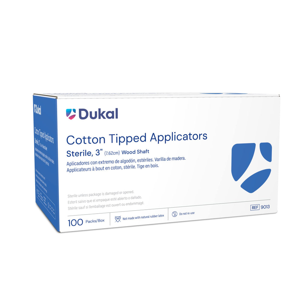 Dukal sterile cotton-tip applicators packaging highlights hygienic two-pack sterile pouches.