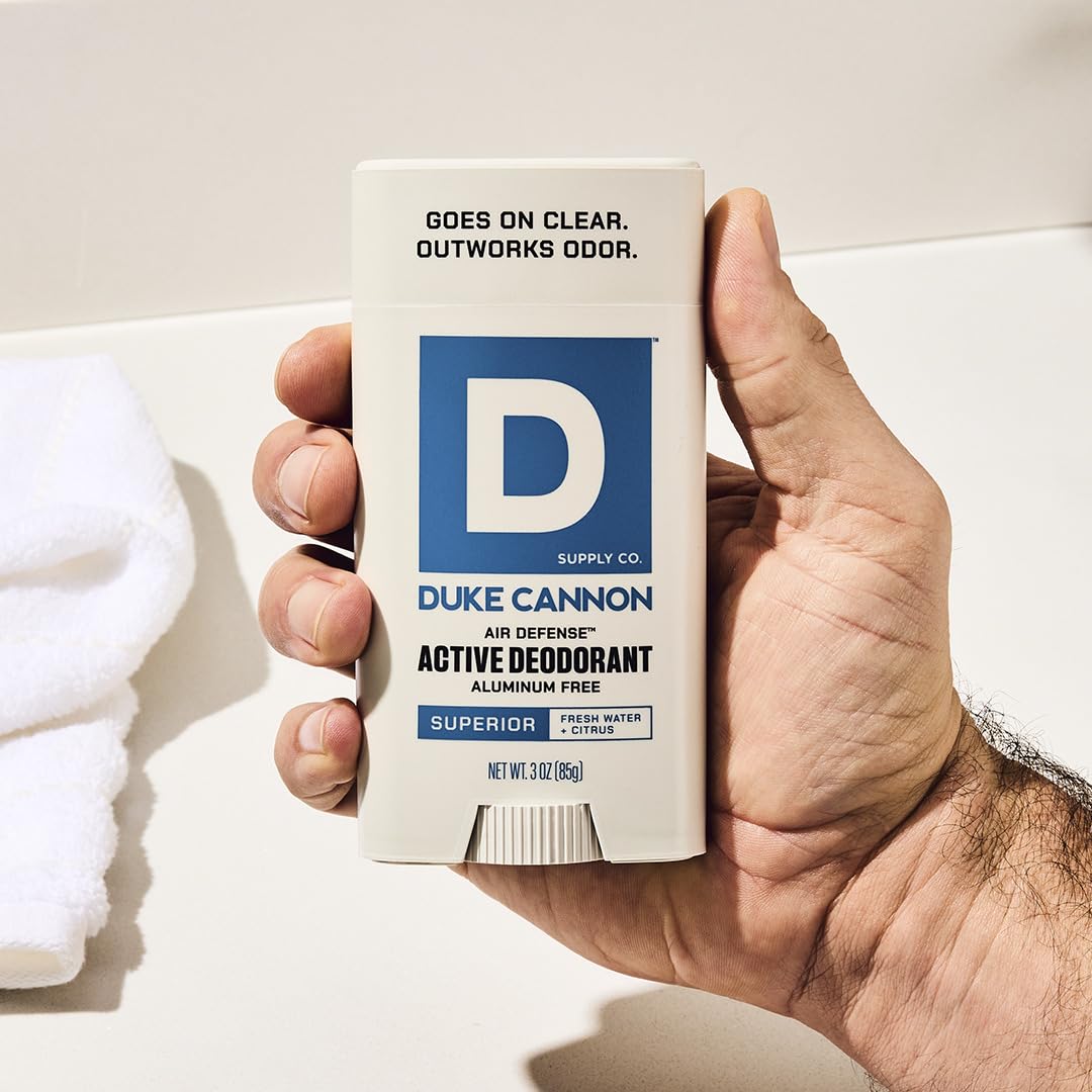 Duke Cannon Air Defense 3-pack front view showing compact aluminum-free deodorant