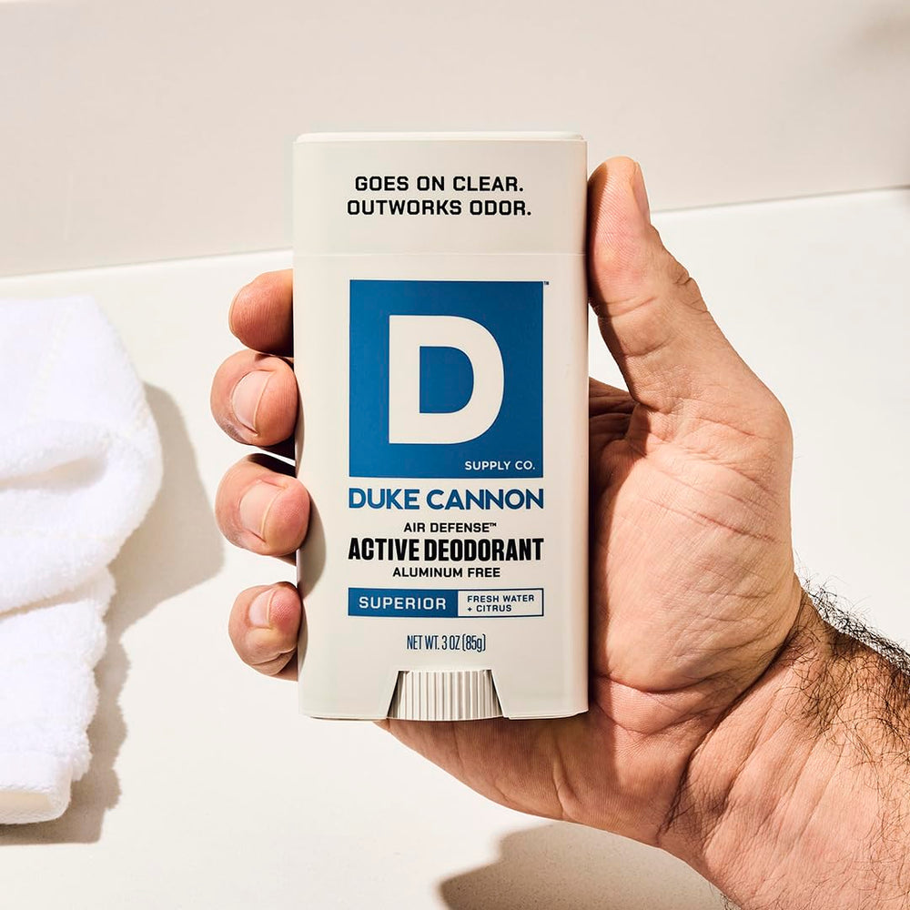 Duke Cannon Air Defense 3-pack front view showing compact aluminum-free deodorant