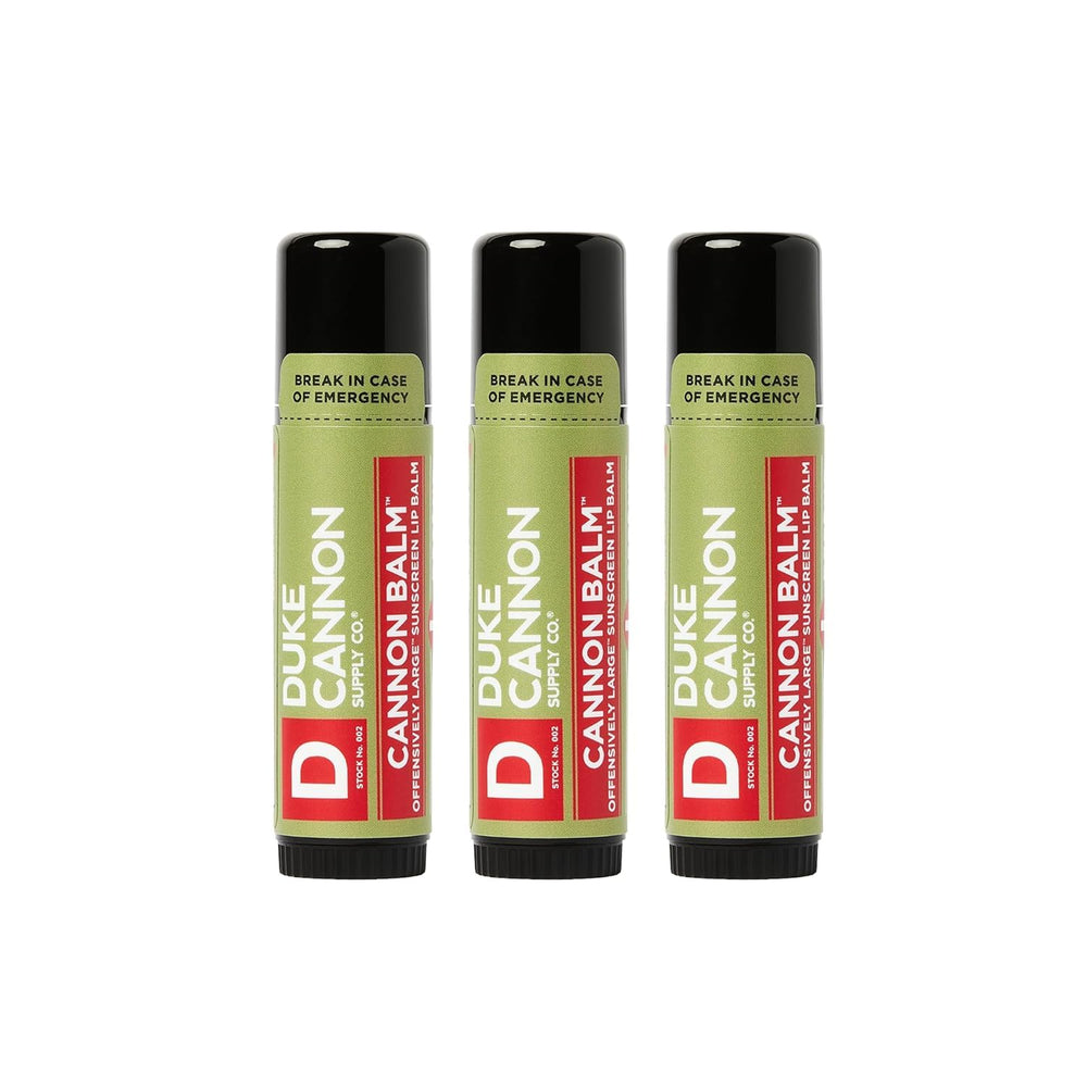 Duke Cannon Balm Tactical Lip Balm 3-Pack with SPF 15 protects lips during outdoor adventures.