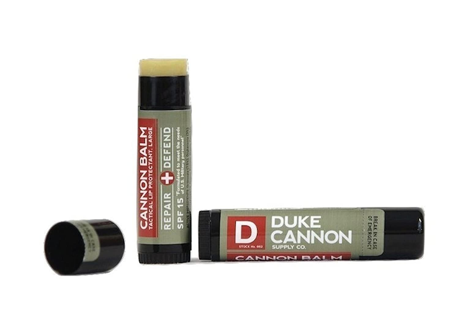 Duke Cannon Balm Tactical Lip Balm SPF 15 label on tube enables outdoor lip protection.