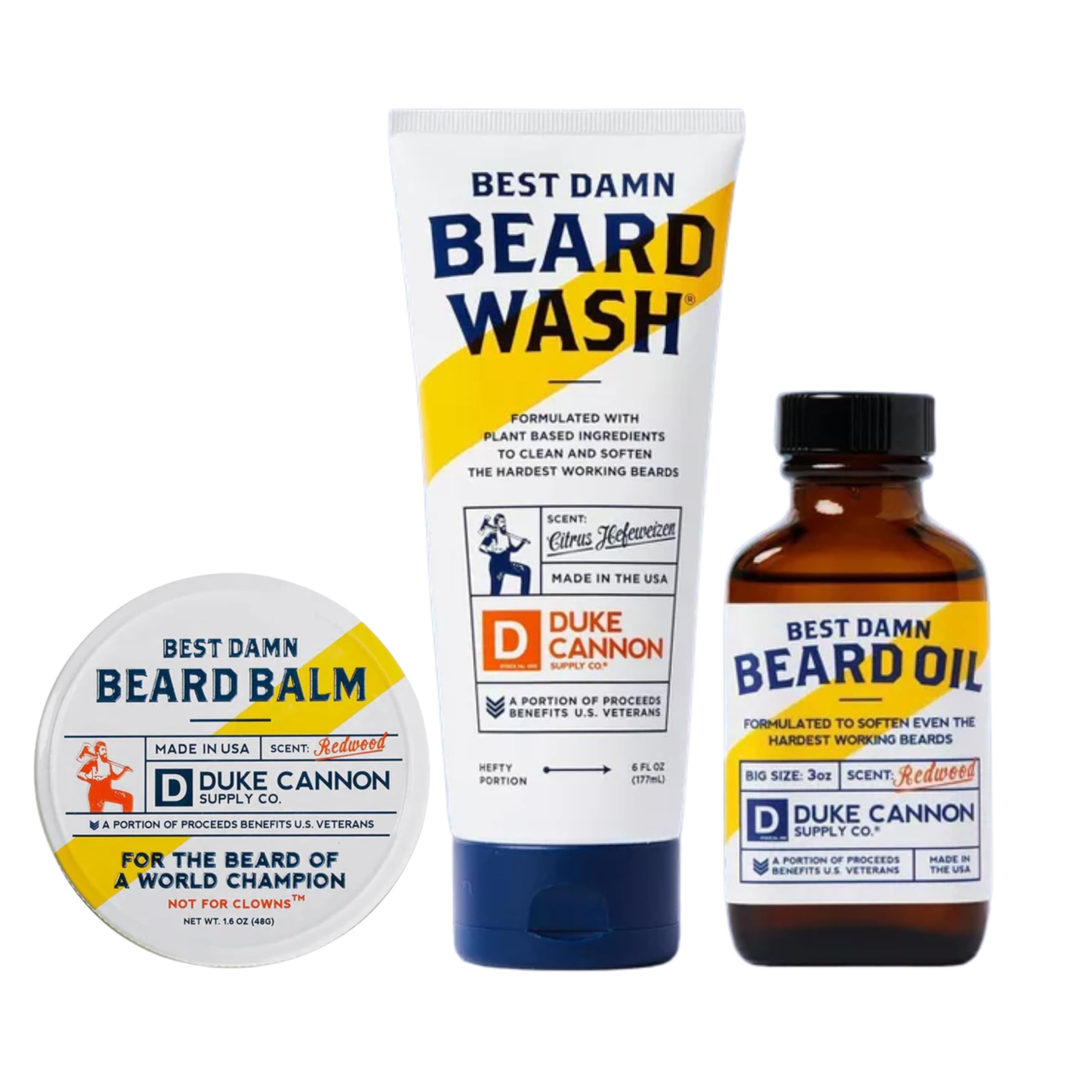 Duke Cannon Best Damn Beard Wash pour bottle with citrus hefeweizen scent for refreshed beard care.