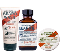 Duke Cannon Big Bourbon Beard Wash bottle with oak barrel scent and hydrating cleansing.