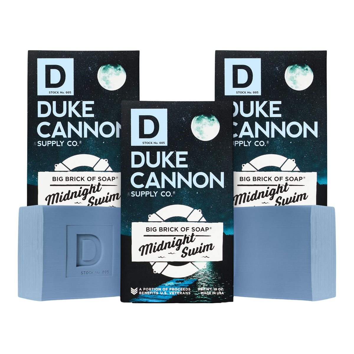 Duke Cannon Big Brick Midnight Swim bar close-up shows rich lather and lasting freshness.