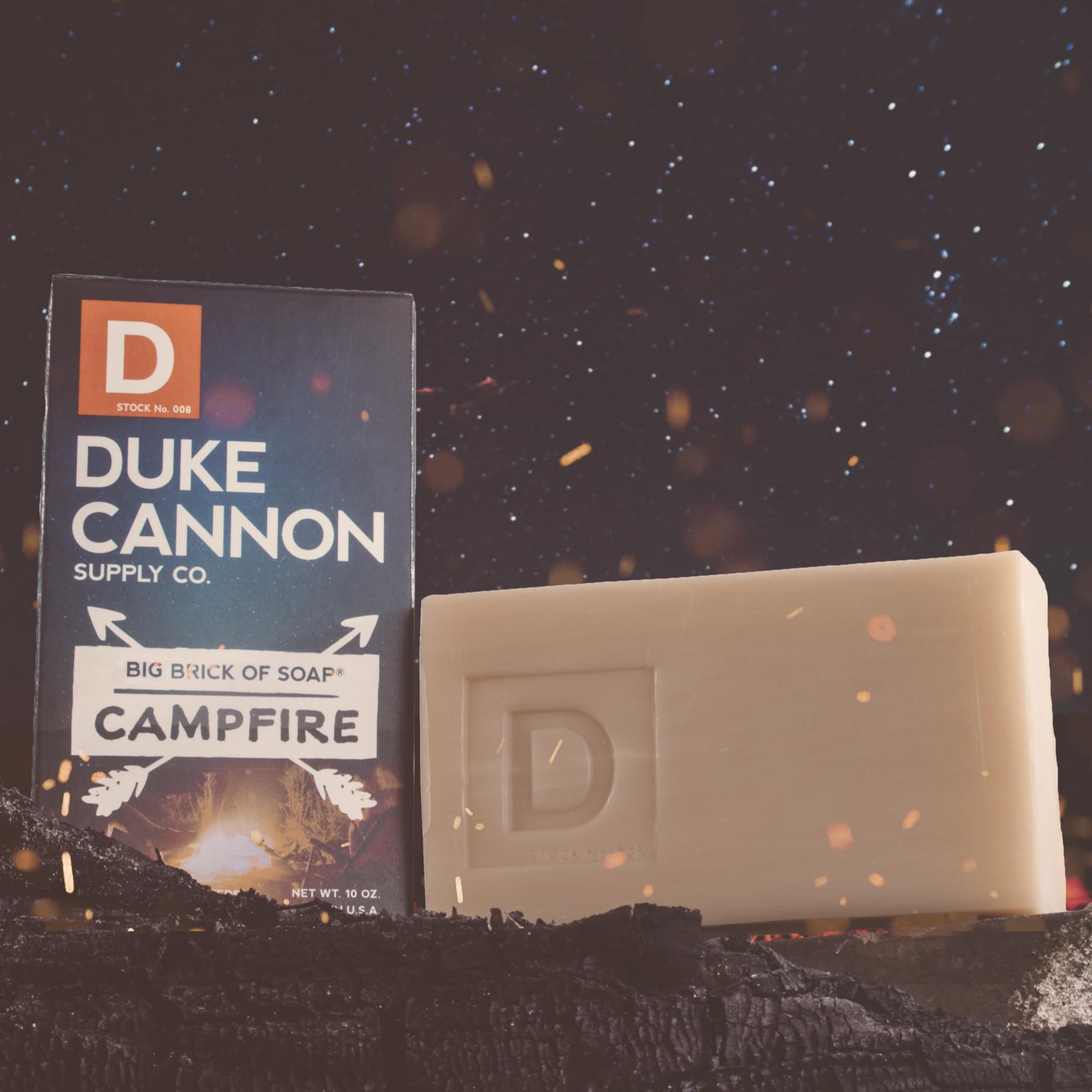Duke Cannon big brick soap heat-smoke image hints campfire-inspired scent for refreshing wake-up showers