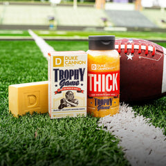 Duke Cannon Big Brick Soap Trophy Game bar closeup reveals dense triple-milled lather and robust texture.