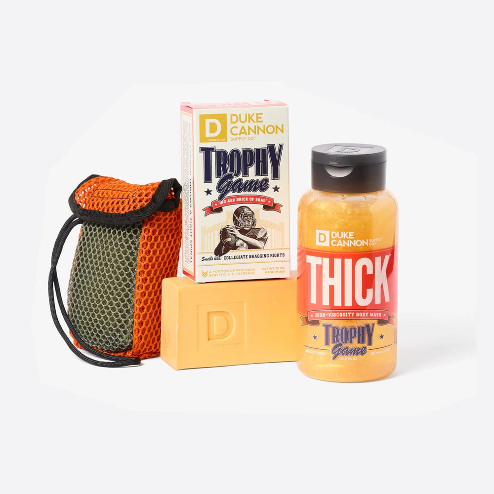 Duke Cannon Trophy Game packaging highlights value and triple-milled performance.