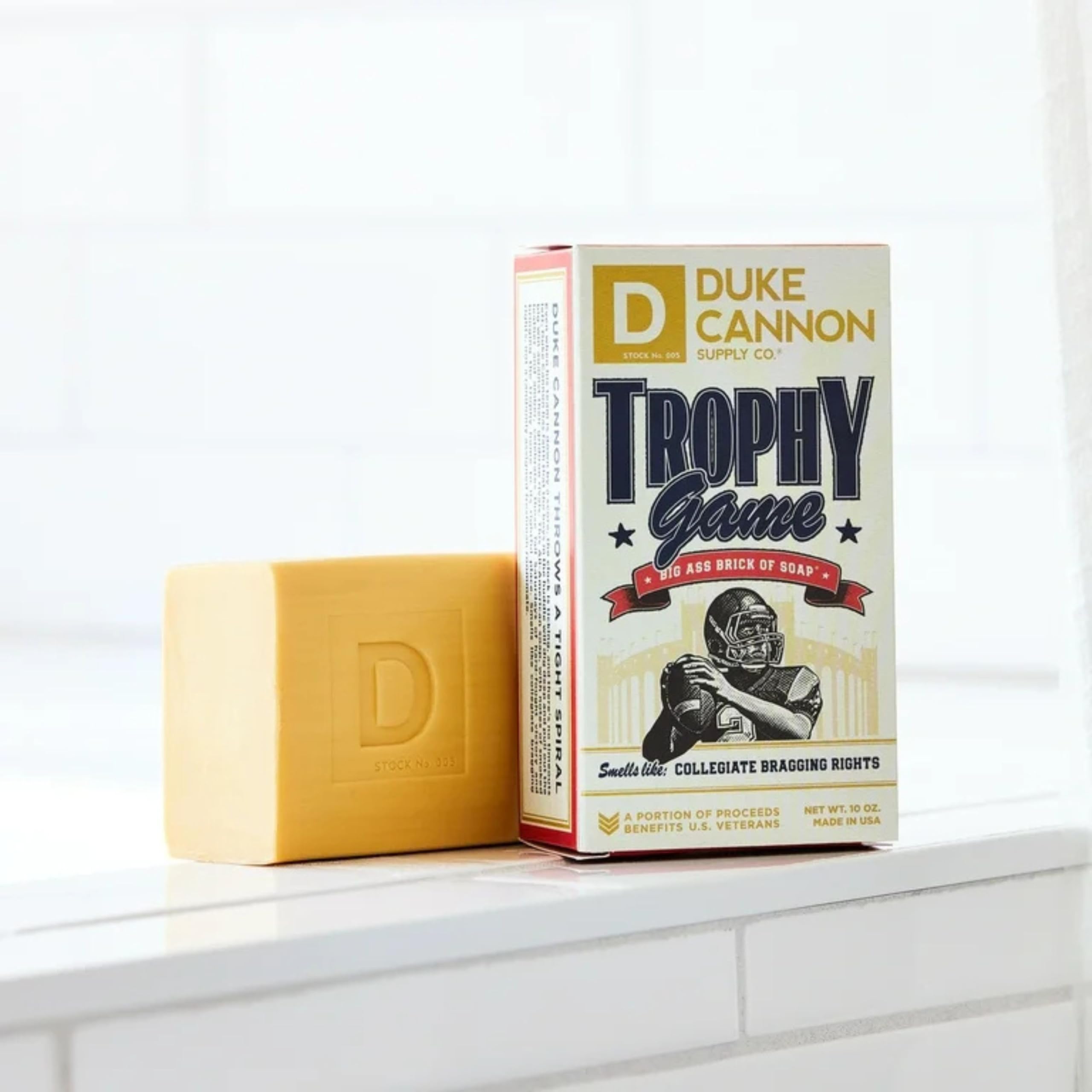 Duke Cannon Trophy Game soap emphasizes USA-made quality and American craftsmanship.