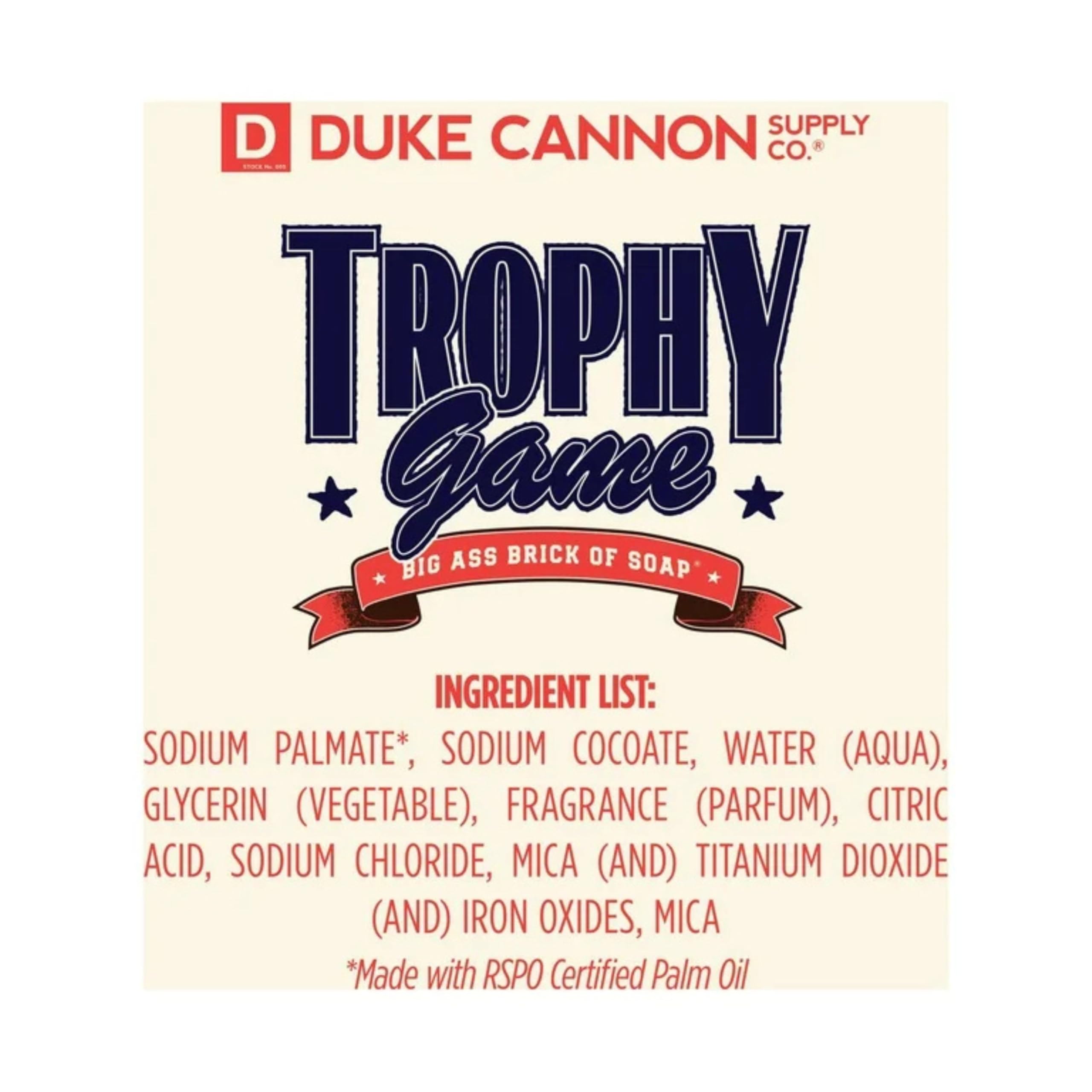 Duke Cannon Trophy Game soap donation message supporting U.S. veterans.