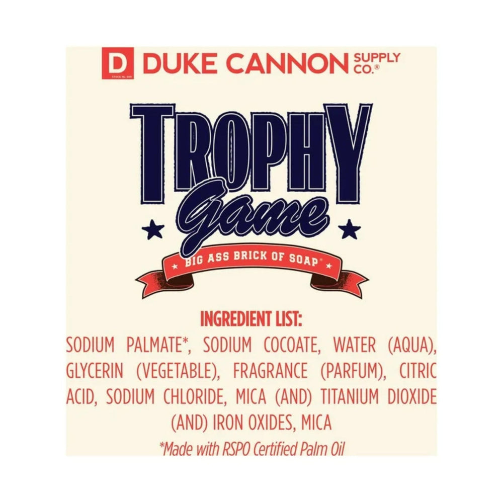 Duke Cannon Trophy Game soap donation message supporting U.S. veterans.