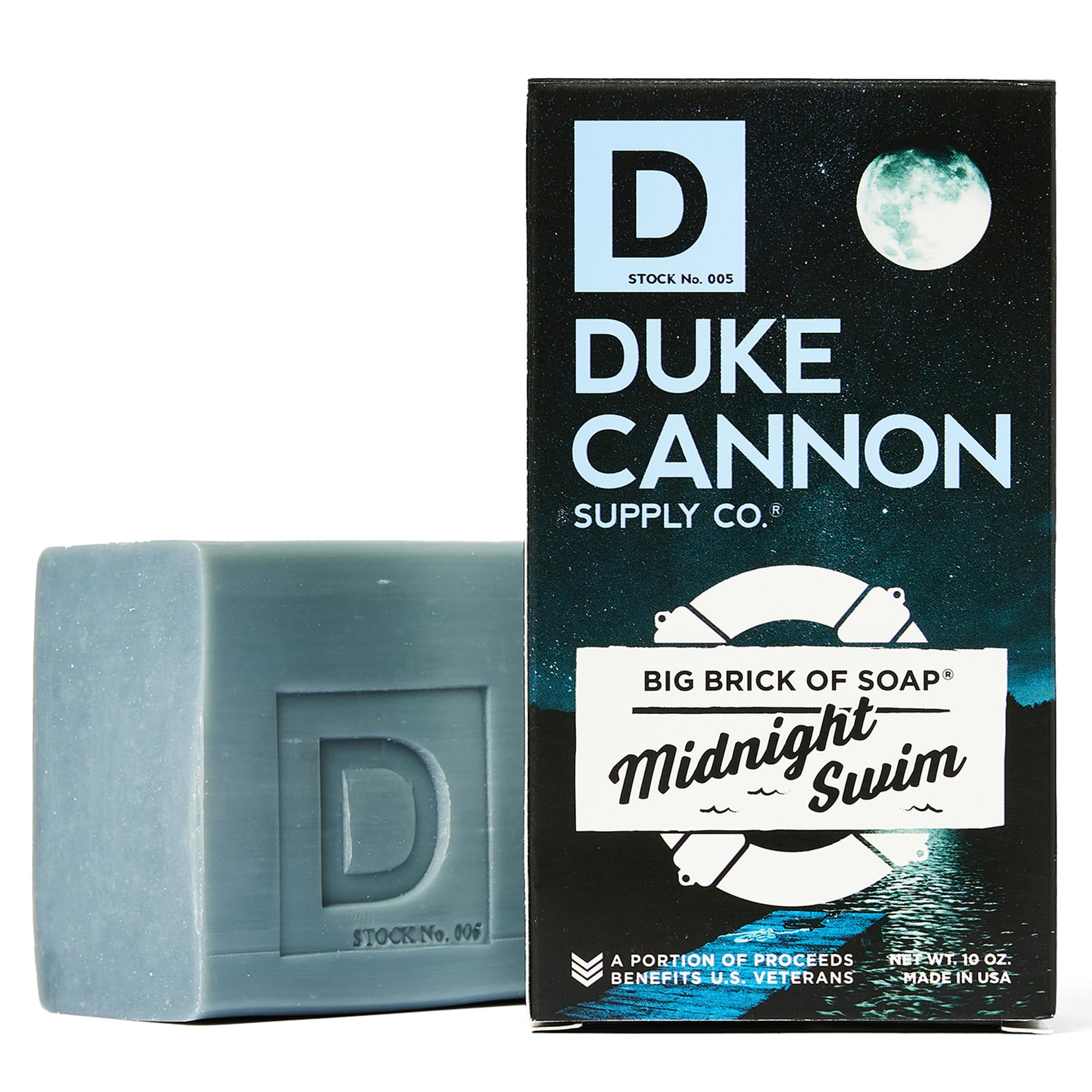 Duke Cannon Midnight Swim soap wrap on outdoorsy packaging.