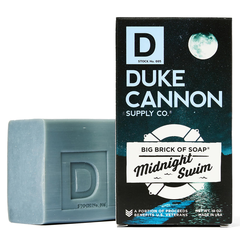 Duke Cannon Midnight Swim soap wrap on outdoorsy packaging.