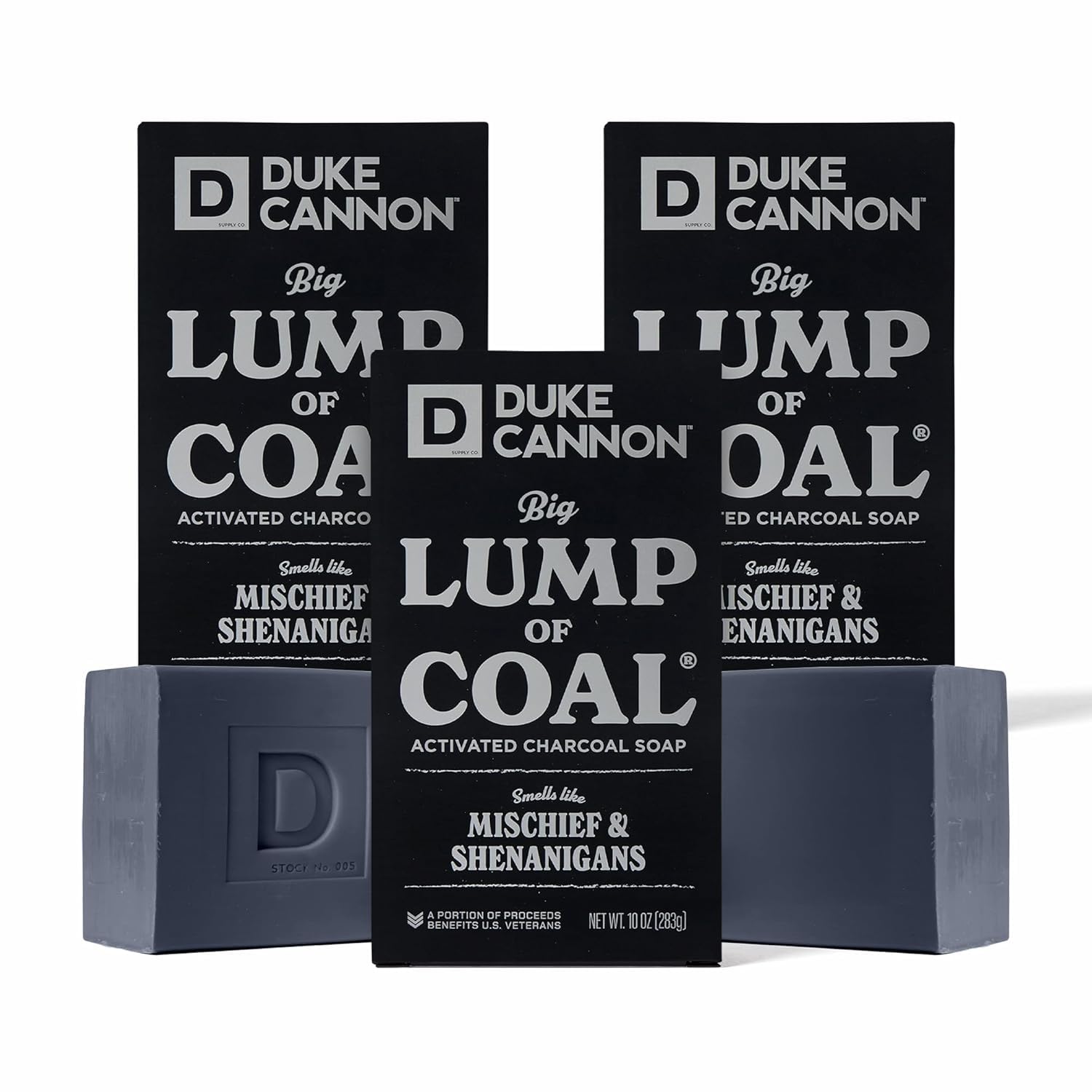 Duke Cannon Big Lump of Coal soap bar holiday edition packaging, festive gift-ready.