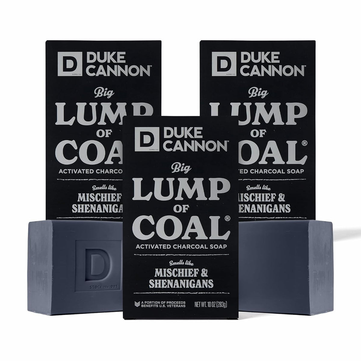 Duke Cannon Big Lump of Coal soap bar holiday edition packaging, festive gift-ready.