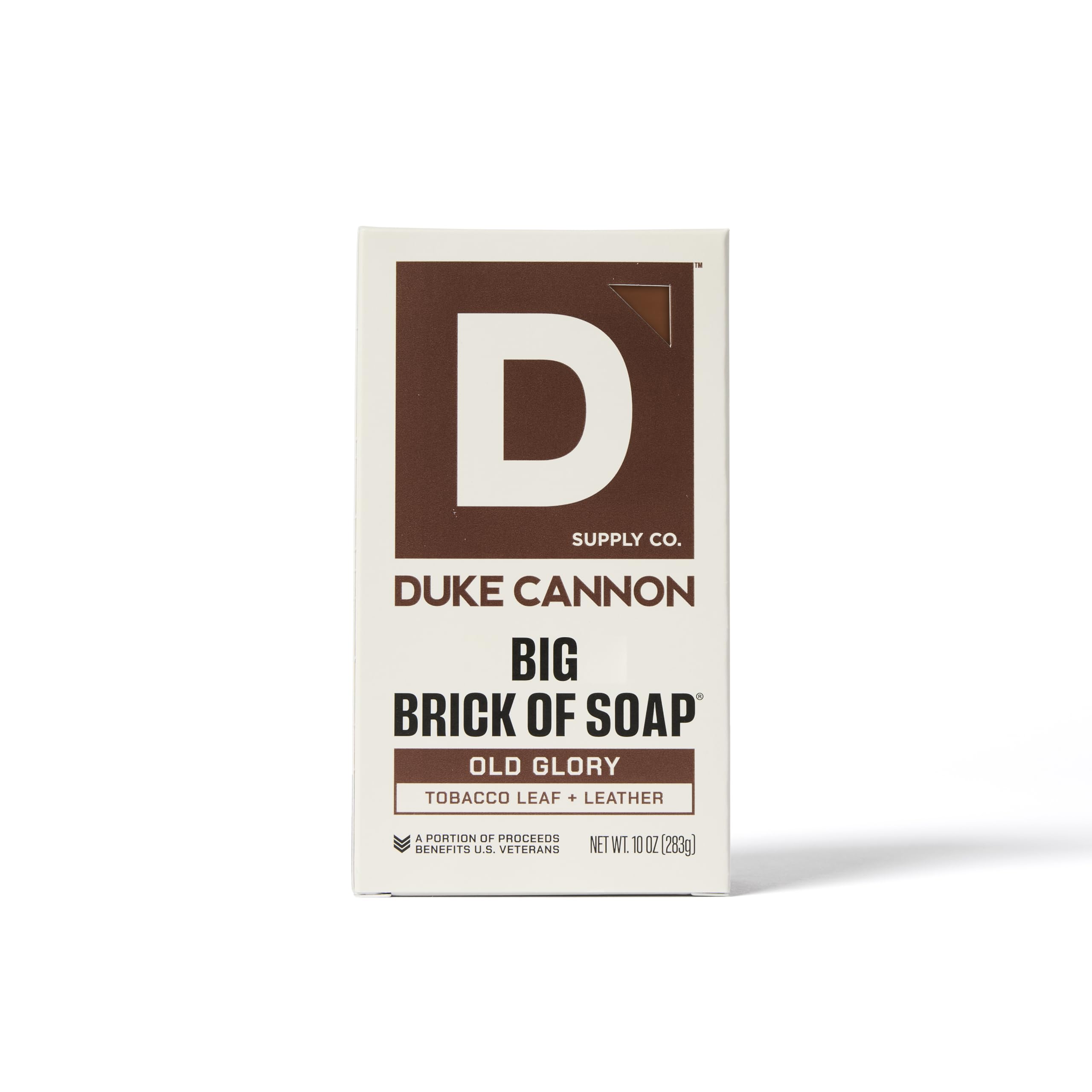 Duke Cannon label shows veterans support and cruelty-free promise.