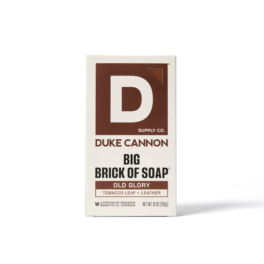 Duke Cannon label shows veterans support and cruelty-free promise.