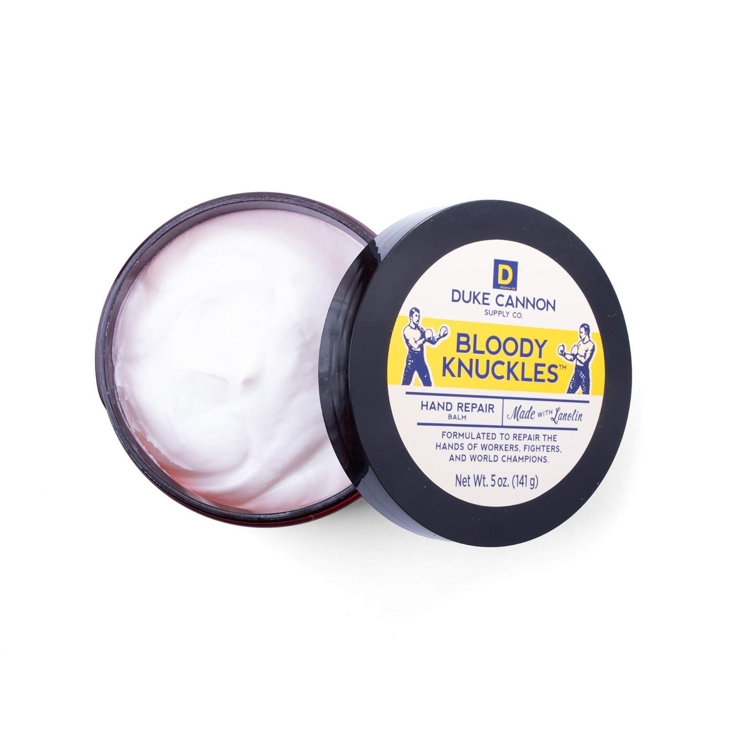 Duke Cannon Bloody Knuckles balm applying on hands for quick relief.