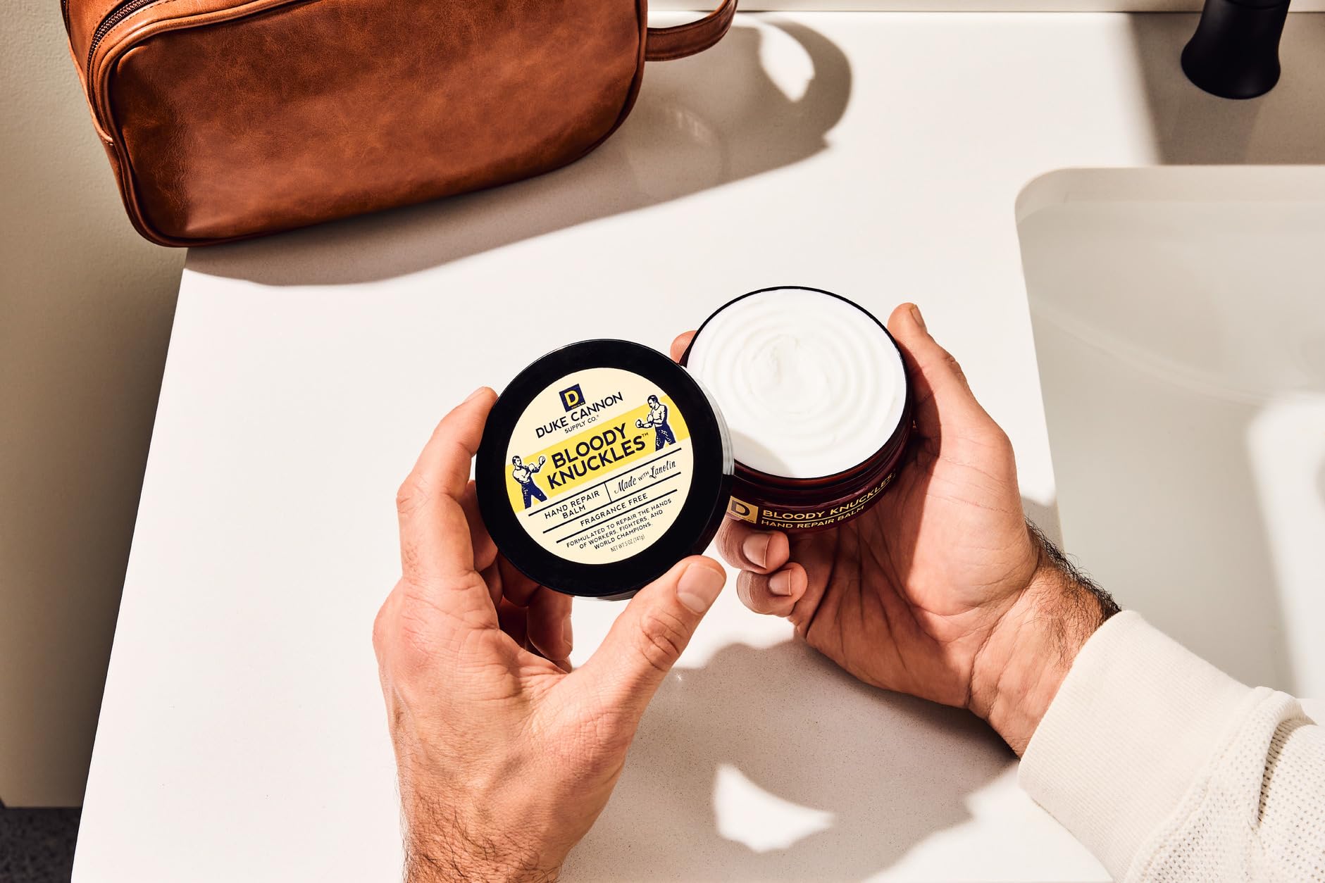 Duke Cannon Bloody Knuckles unscented formulation on display for practical care.