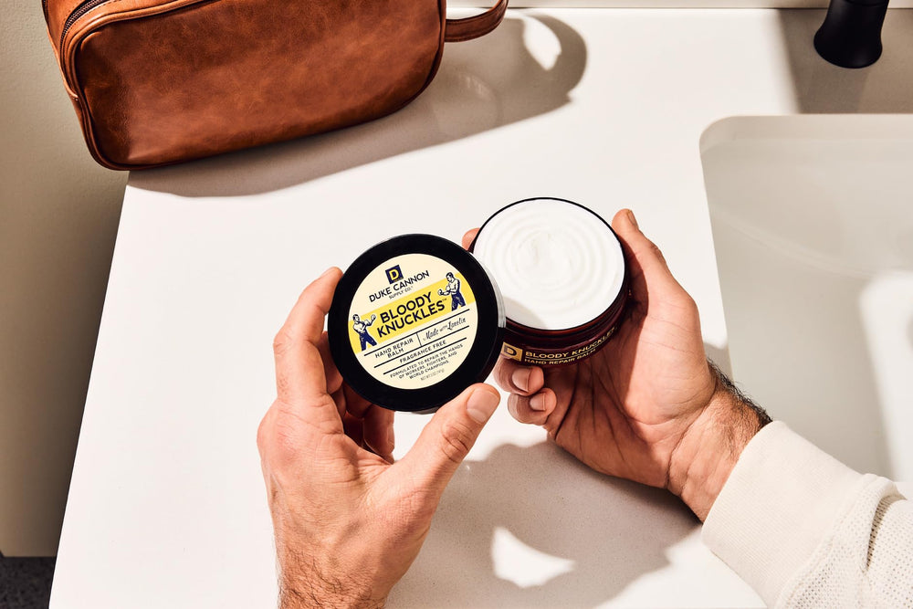 Duke Cannon Bloody Knuckles unscented formulation on display for practical care.