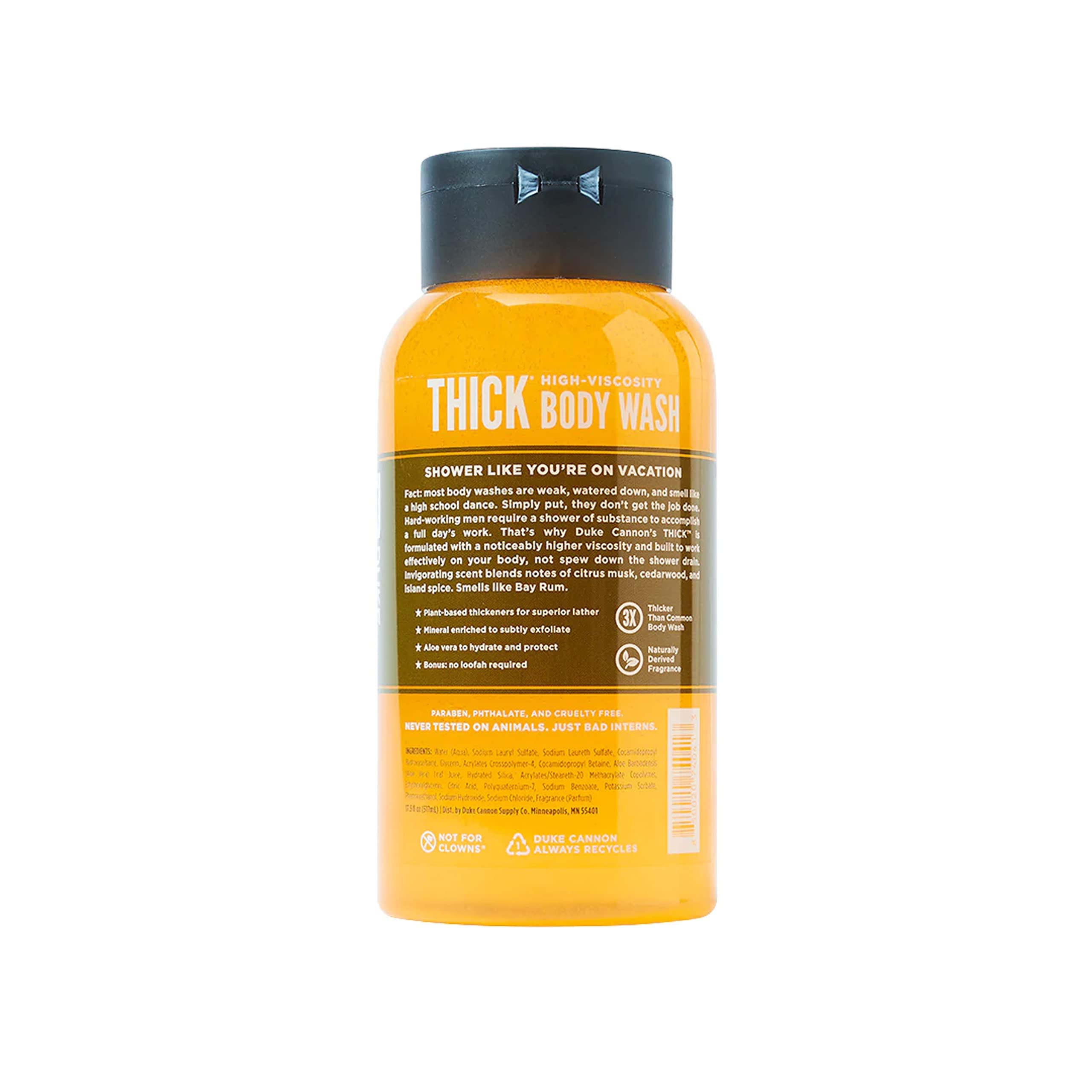 Duke Cannon Thick Body Wash highlights minerals for natural exfoliation and hydration.