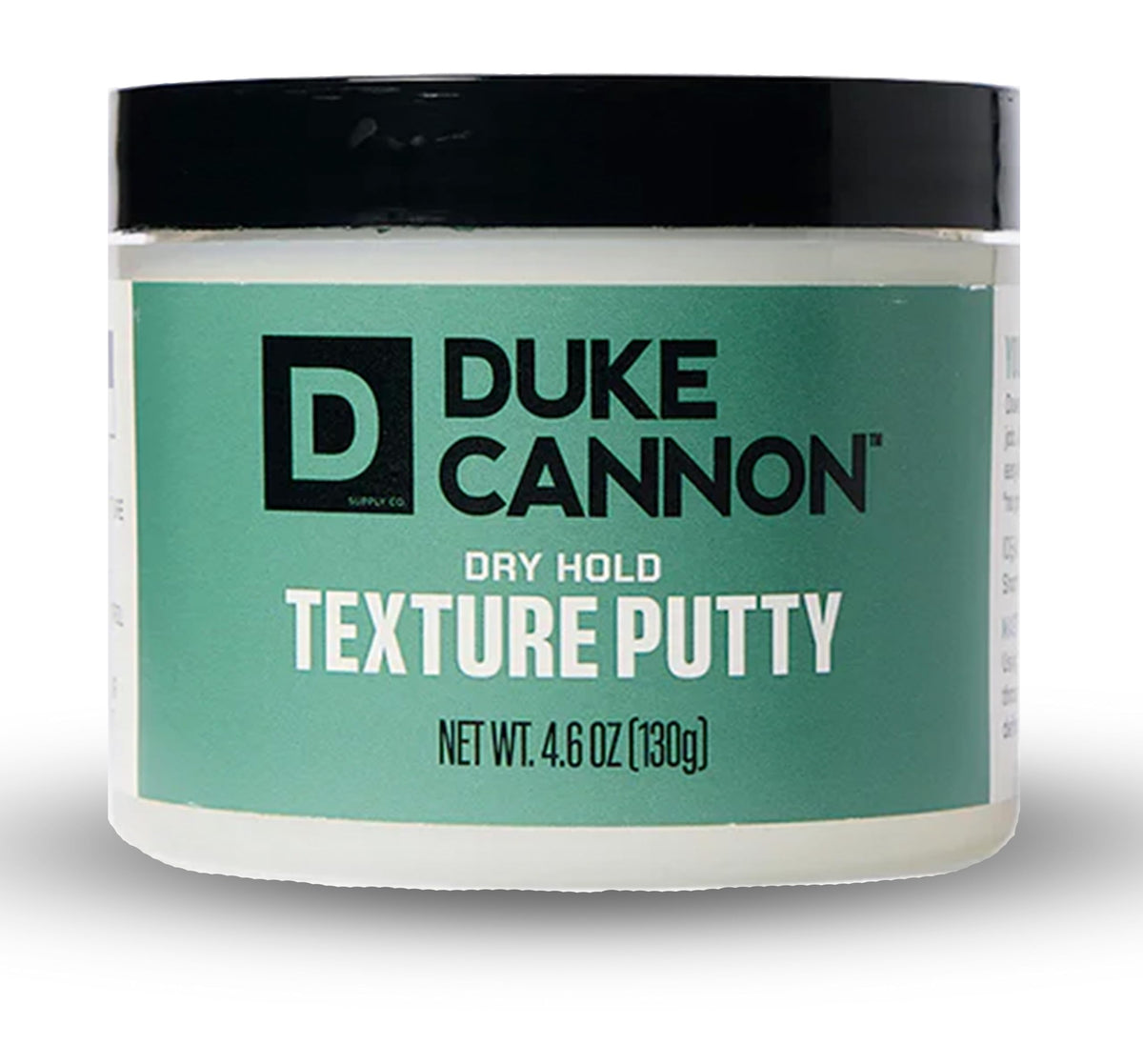 Duke Cannon Dry Hold Putty packaging illustrating no-shine finish.