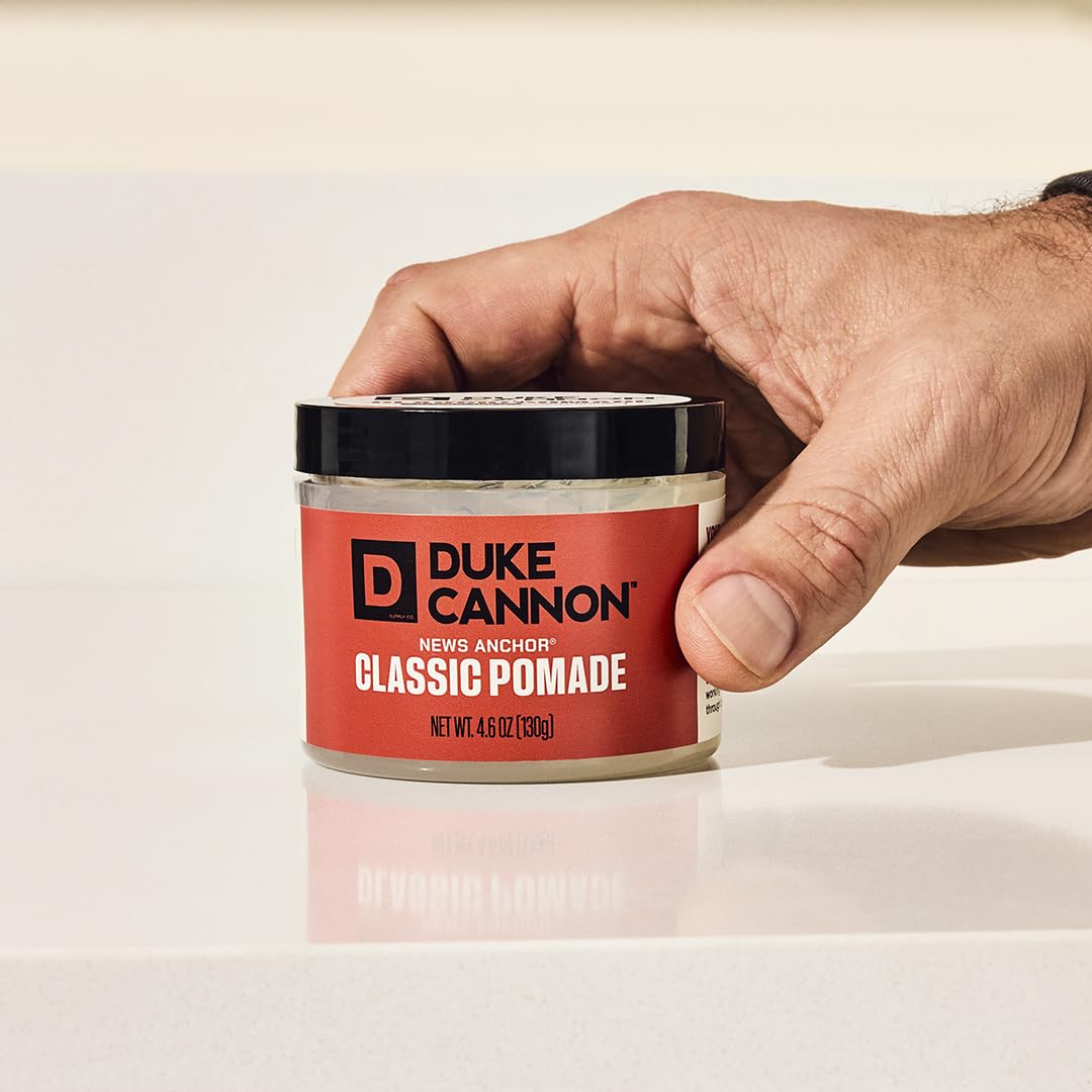 Duke Cannon Flexible pomade jar closeup highlights light natural shine.