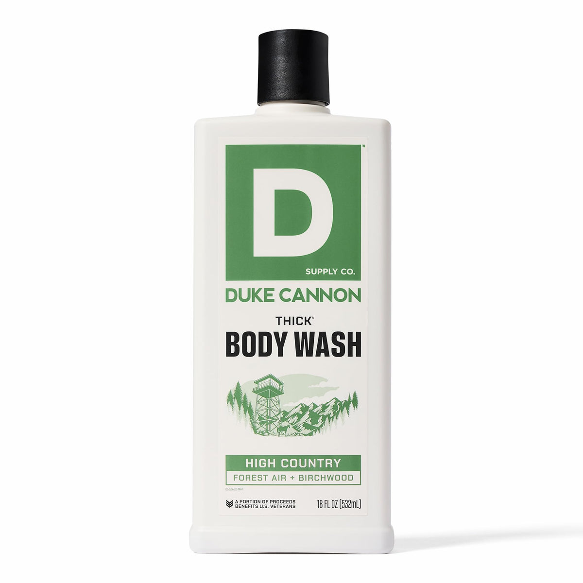 Duke Cannon High Country body wash bottle with rugged packaging highlighting cleansing benefits