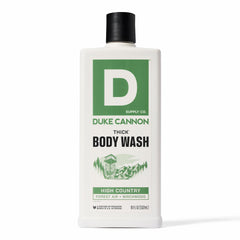 Duke Cannon High Country body wash bottle with rugged packaging highlighting cleansing benefits