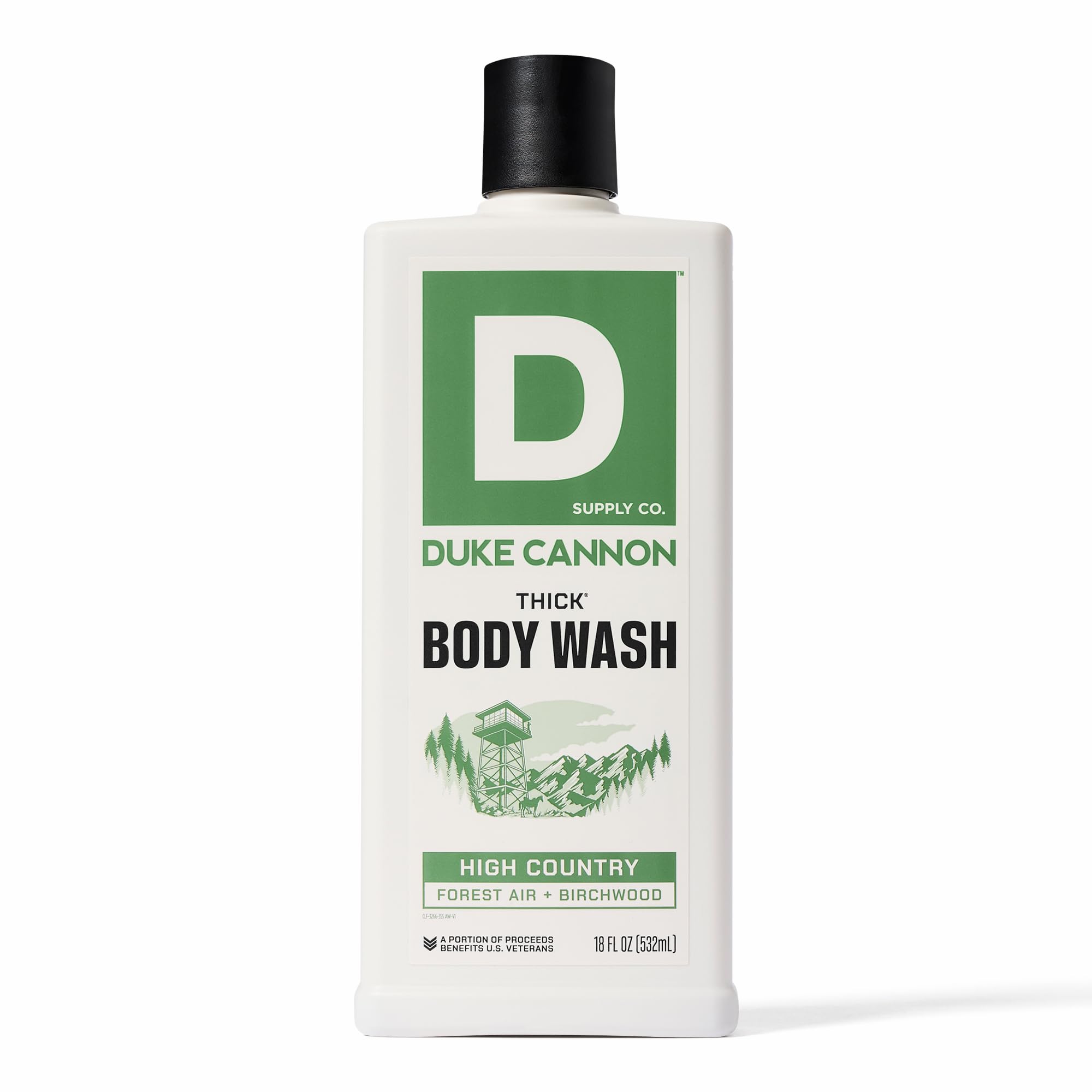 Duke Cannon High Country bottle pour showing thick viscosity for a rich wash.