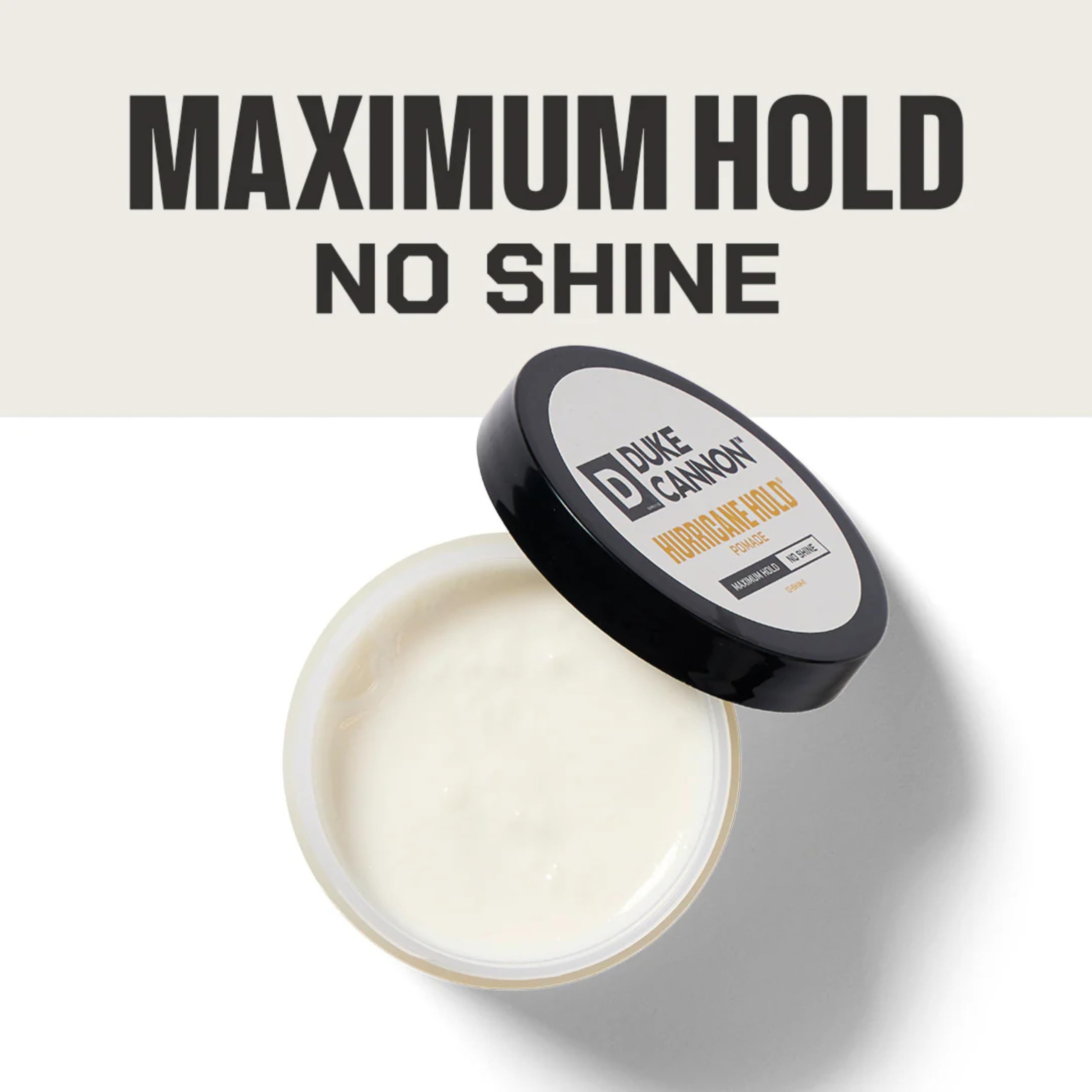 Duke Cannon Hurricane Hold Pomade packaging on shelf emphasizing USA-made craftsmanship.