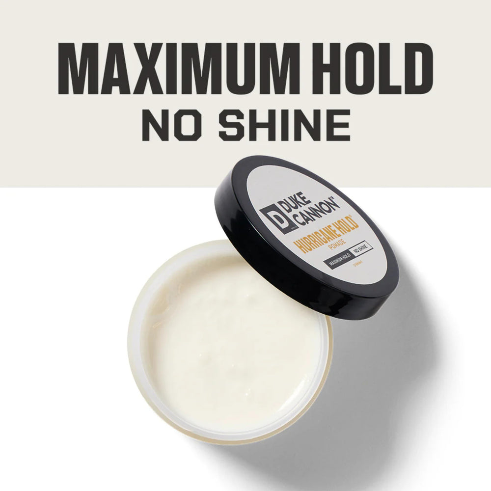 Duke Cannon Hurricane Hold Pomade packaging on shelf emphasizing USA-made craftsmanship.