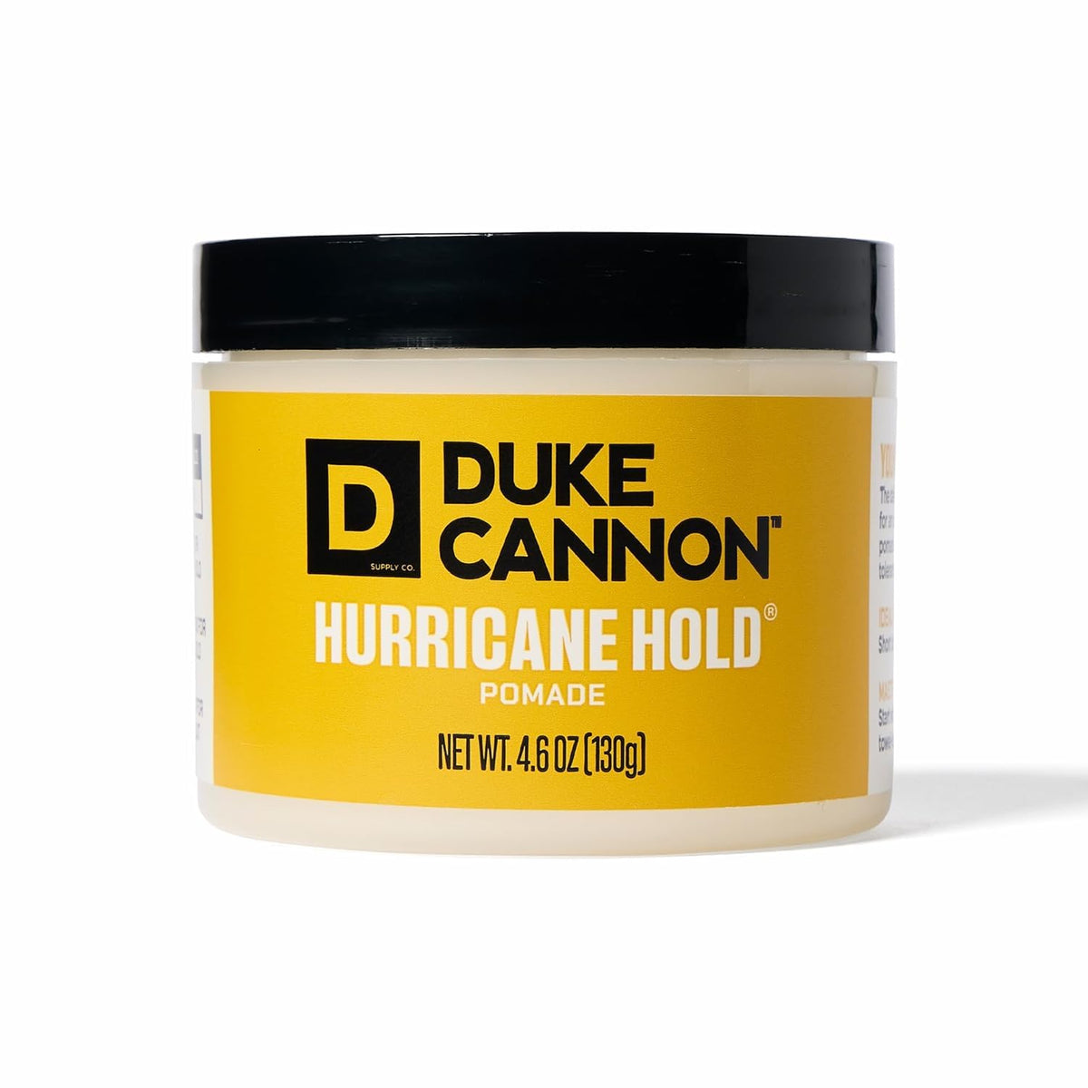 Duke Cannon Hurricane Hold Pomade tin front view showing all-day hold.