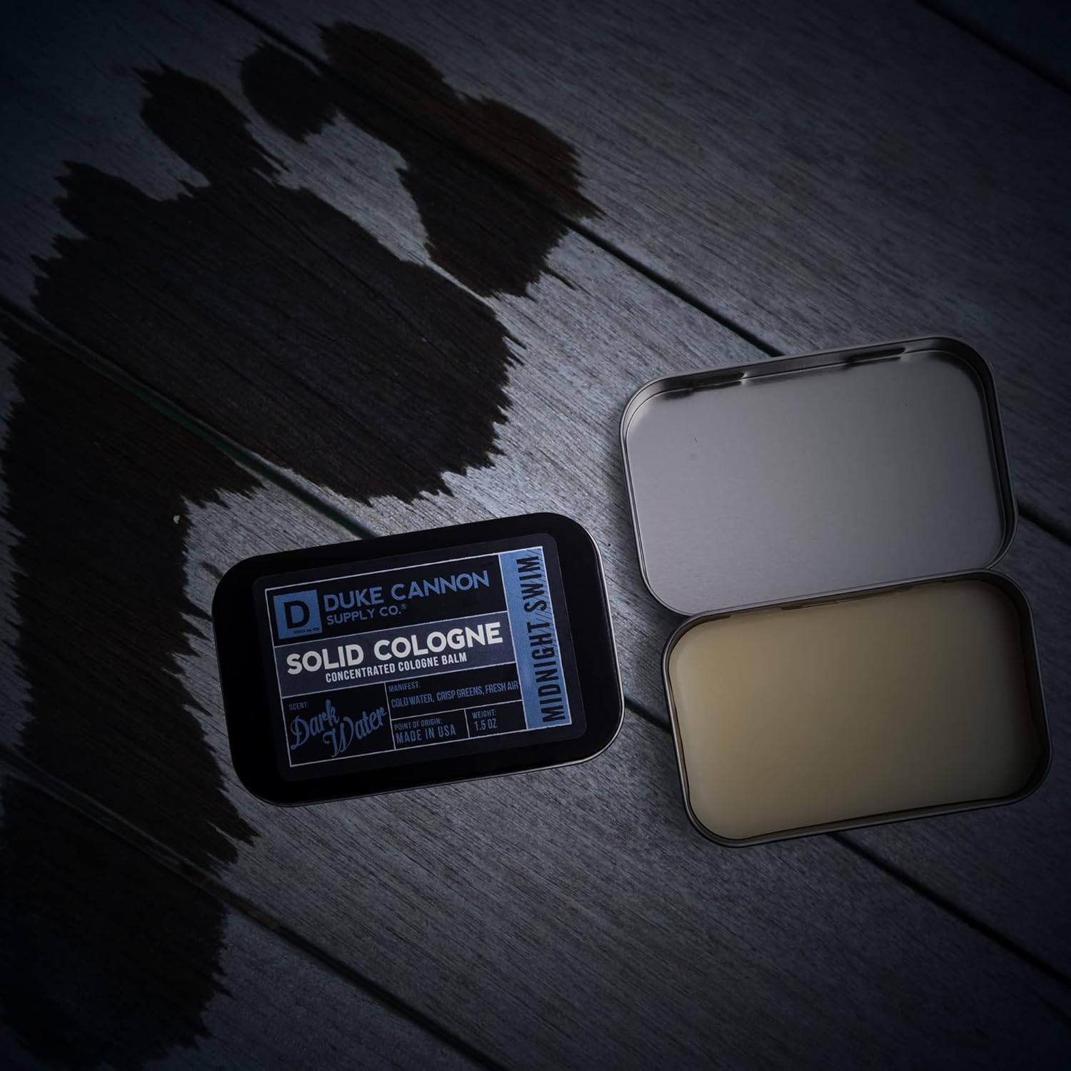 Duke Cannon Midnight Swim packaging on a desk for easy access