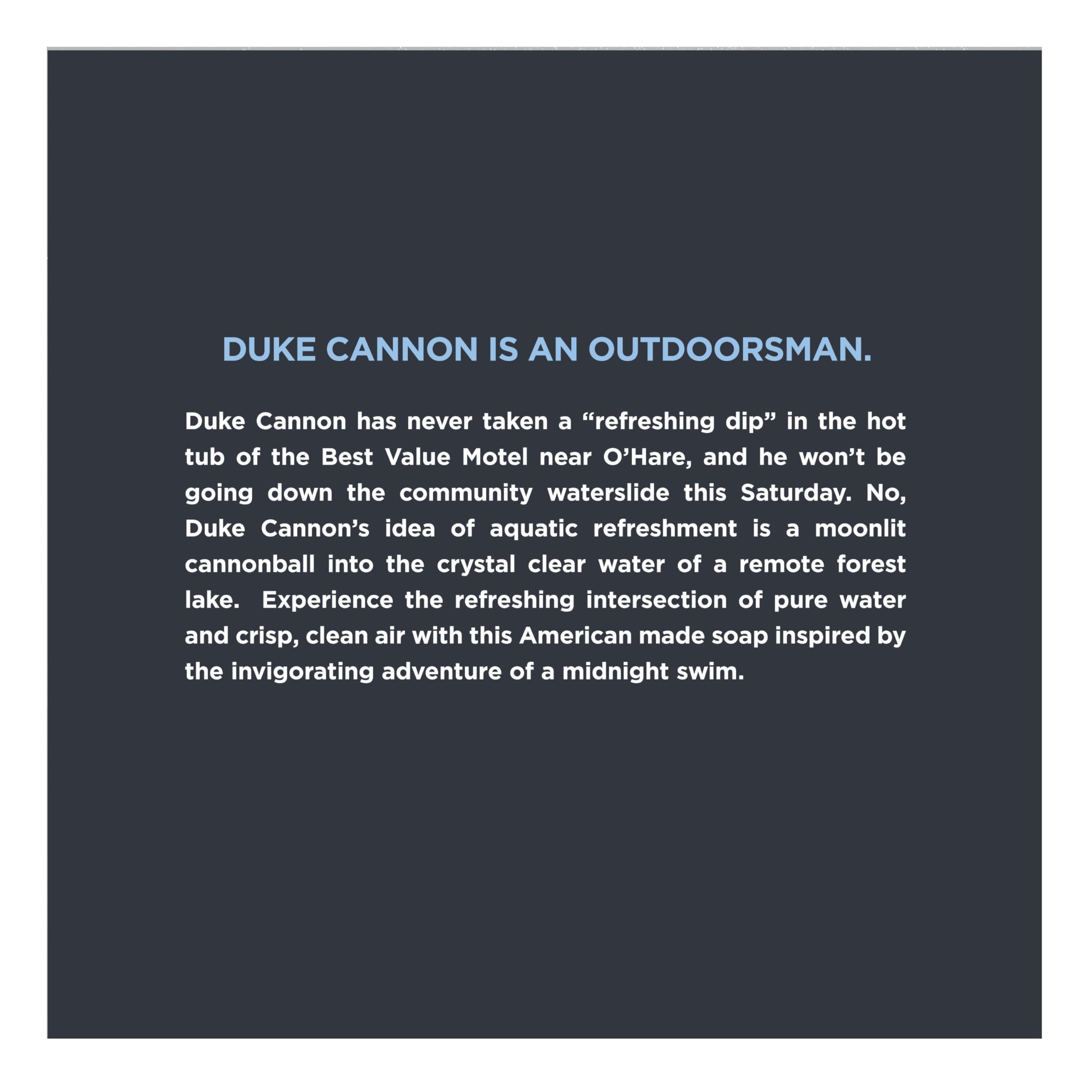 Duke Cannon Midnight Swim product shot shows rugged, outdoors-ready design.