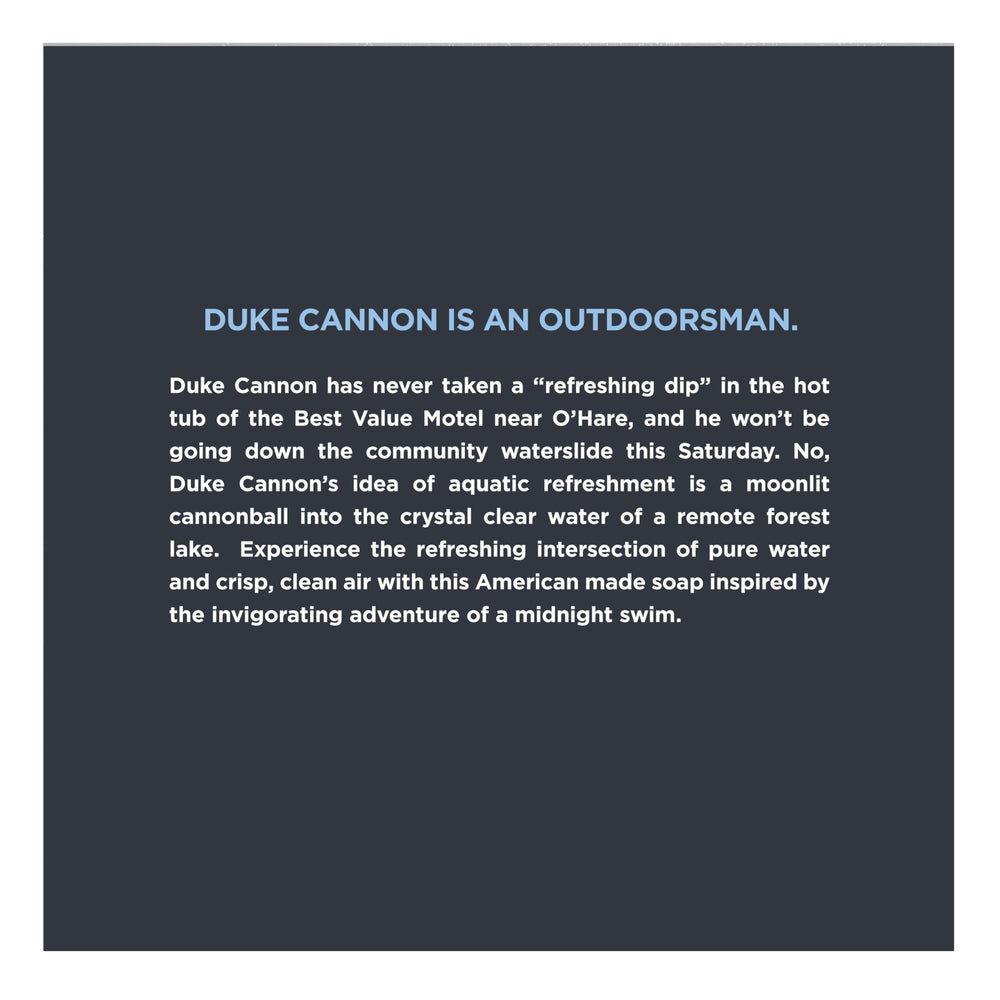 Duke Cannon Midnight Swim product shot shows rugged, outdoors-ready design.