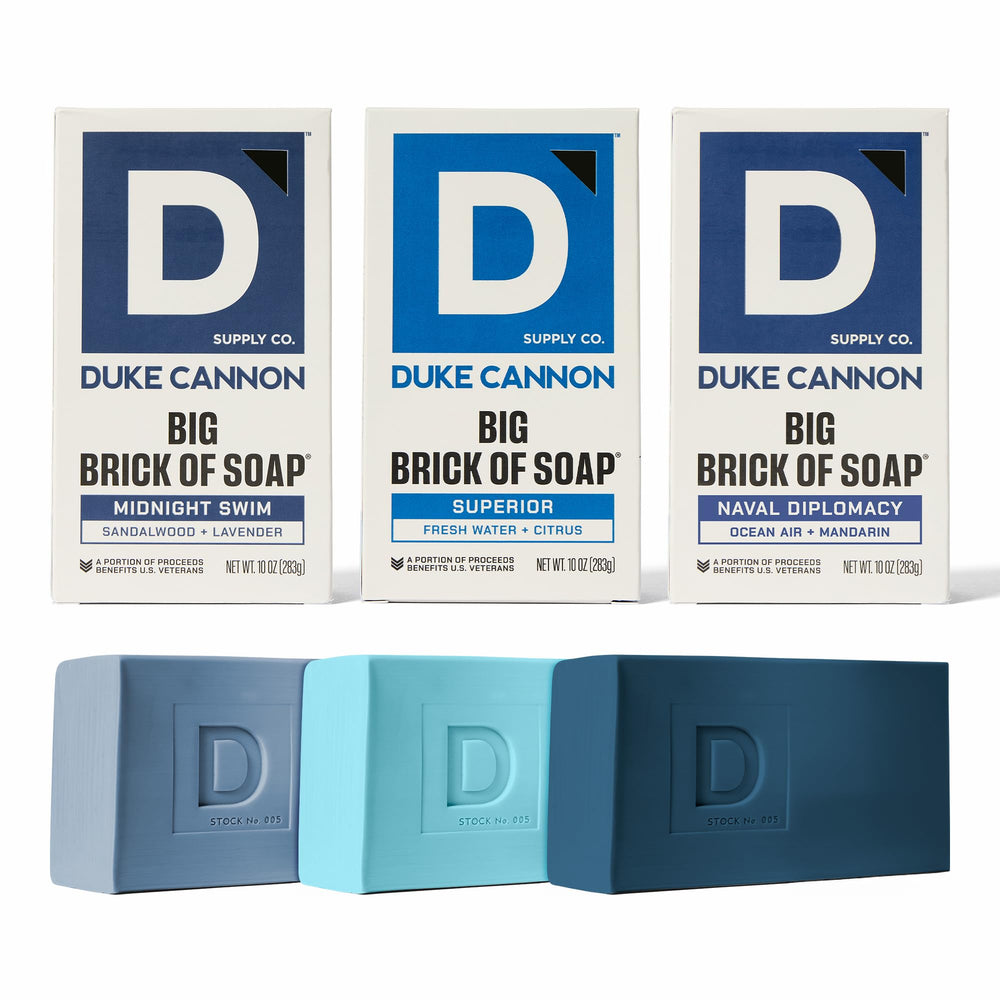 Duke Cannon Midnight Swim soap bar closeup showing oceanic freshness for refreshing showers.