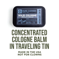 Duke Cannon Midnight Swim tin front highlights portable grooming essential