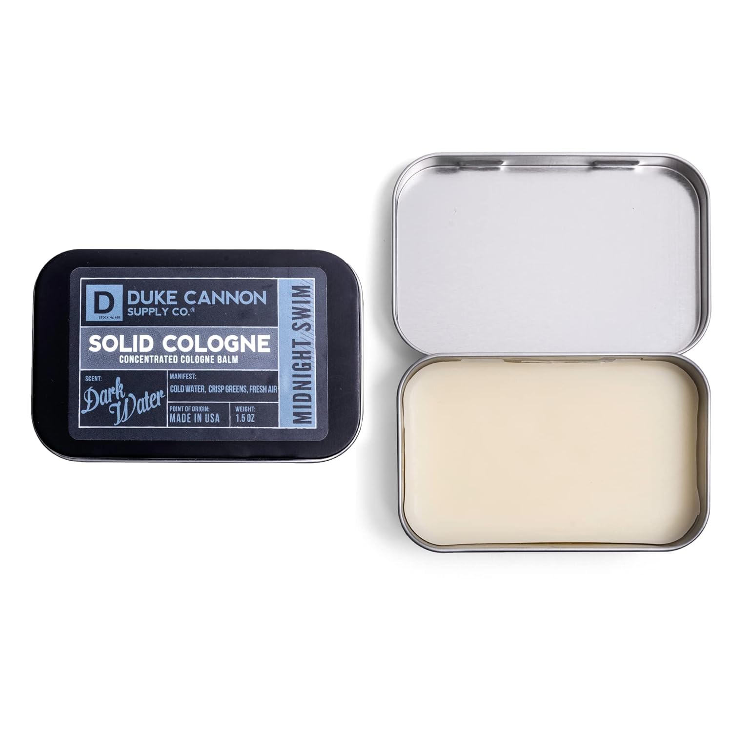 Duke Cannon Midnight Swim travel-friendly tin fits bag or desk