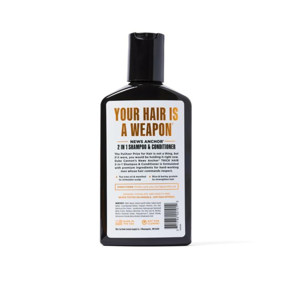 Duke Cannon News Anchor 2-in-1 label closeup bay rum emphasizes scent and convenience.