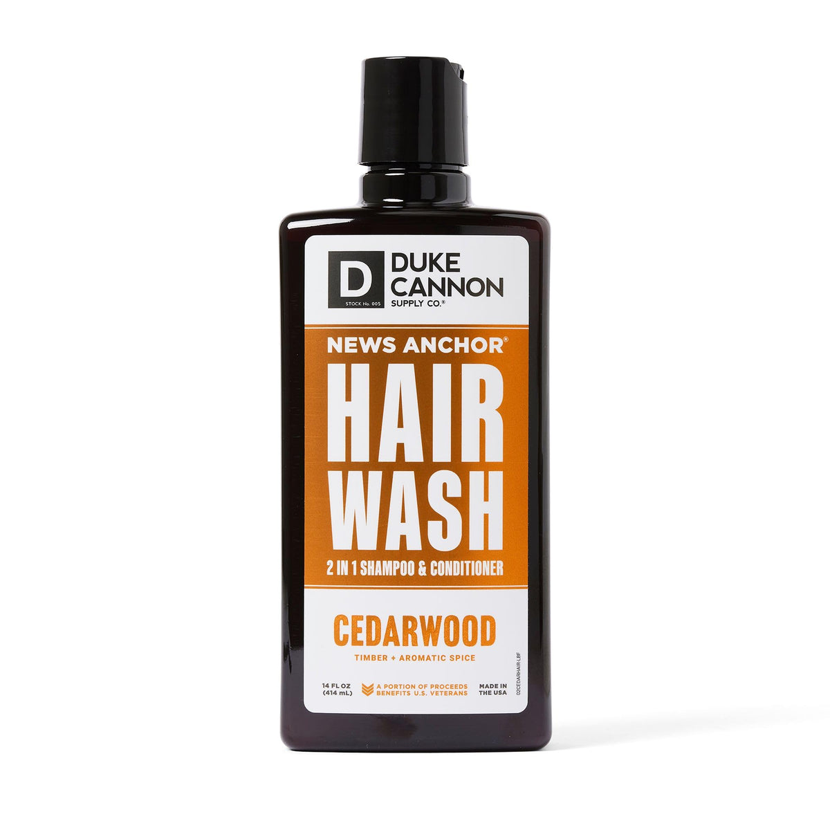 Duke Cannon News Anchor 2-in-1 hair wash bottle with cedarwood scent for quick refreshment.