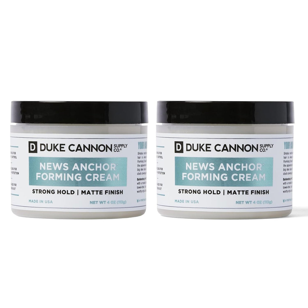 Duke Cannon News Anchor Forming Cream bottle shows strong hold for all-day style.