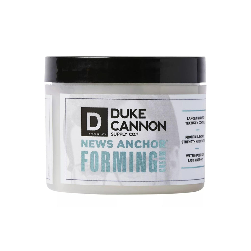 Duke Cannon News Anchor Forming Cream hair close-up demonstrates control.