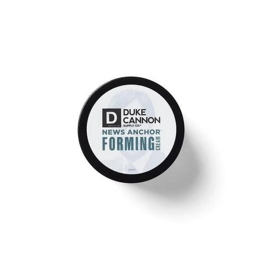 Duke Cannon News Anchor Forming Cream label highlights matte finish option.